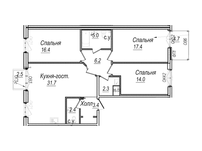 3-комнатная квартира 102.2 м², 6/8 эт., Комплекс апартаментов «Meltzer Hall»